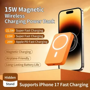 Magnetic 10000 mAh Power Bank — MagSafe Wireless Charging — attaches to your phone and charges it wirelessly with no cable.