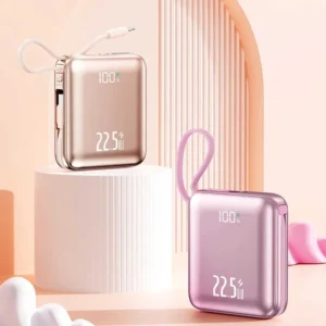 20000 mAh Power Bank with Built-In Cable — 30W Fast Charging — a power bank with a huge 20000 mAh capacity and a built-in cable that will not get lost.