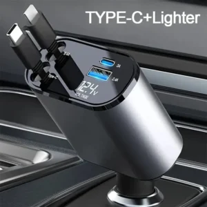 Retractable Car Charger 145W — 4 Ports with Built-in Cable — a powerful car charger with a retractable cable that charges four devices together without cable clutter