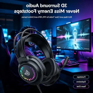 2.4G wireless gaming headset with surround sound and a clear microphone.