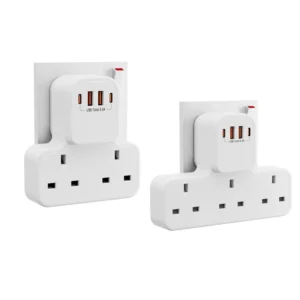 Power Strip with UK Sockets — 3 Sockets and 3 USB Ports — a strip with three UK sockets and three USB ports, with surge protection.