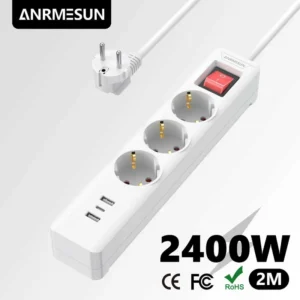 Power Strip with 3 Sockets and 3 USB Ports — with protection against voltage fluctuations.