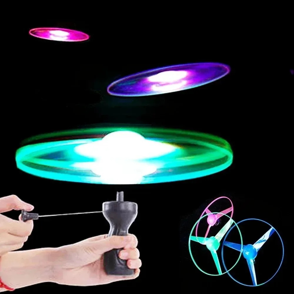 Light-up flying disc for kids with pull handle and LED lights